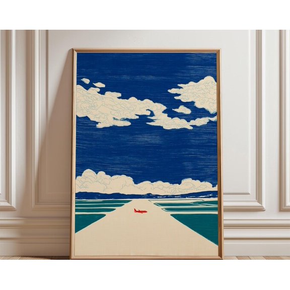 Japanese Runway Blue Sky Clouds Minimal Plane Modern Vintage Landscape Wall Art, Unframed Paper Poster 8x10in