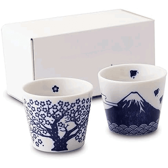 Japanese Sake Cups Set of 2- Sakura and Mt. Fuji Design, Indigo Color Pottery, 3.9 fl oz, For Cold and Hot Drink, Soup Cup Aperitif Tea Cup with Gift Box$$Home Decor, Kitchen, & Other