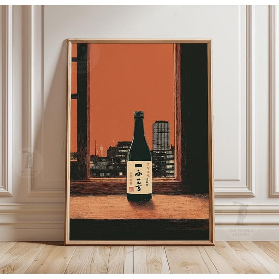 Japanese Sake Poster Night City Window Scene Minimal Wall Art Decor, Unframed Poster