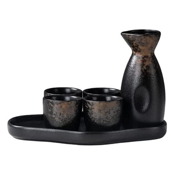 Japanese Sake Set, 1 Bottle and 4 Cups with Bamboo Tray, Ceramic Sake Set - Microwave and Dishwasher Safe