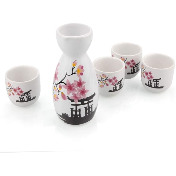 Japanese Sake Set, 1 Tokkuri Bottle & 4 Ochoko Cups, Spring Blossoms Ceramic Sake Set Microwave and Dishwasher Safe$$Home Decor, Kitchen, & Other