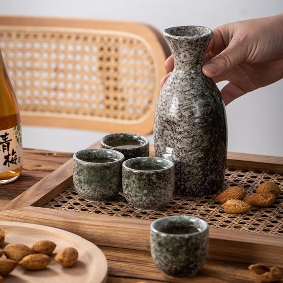 Japanese Sake Set Sake Cups Tokkuri Bottle 10oz 1PC and Ochoko Cups 1.7oz 4PCS Stoneware (Emerald Green),5,Green,Ceramics
