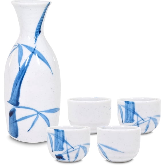 Japanese Sake Set, Tokkuri Bottle and 4 Ochoko Cups, 5-Piece Porcelain Set, White Nashijidake