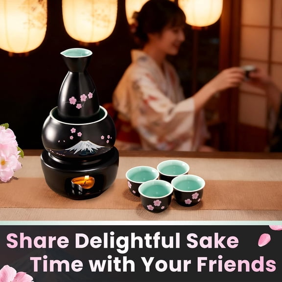 Japanese Sake Set with Warmer - Sakura & Fuji Design, 10-Piece Porcelain Sake Set with 6 Cups, 1 Bottle, 1 Warmer, 1 Candle Stove, 1 Tray & 1 Box, Warm Sake Carafe, Japanese Gifts - Black