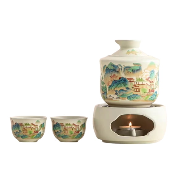 Japanese Sake Set with Warmer, Handmade Creative Ceramic Sake Wine Set, Retro 2 Sake Bottle 1 Sake Tank Serving and Enjoying Sake