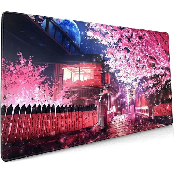 Japanese Sakura Anime Extended Mouse Pad 35.4x15.7 Inch XXL Pink Cherry Blossom Flower Non-Slip Rubber Base Large Mousepad Stitched Edges Waterproof Keyboard Mouse Mat Desk Pad for Office Home Game