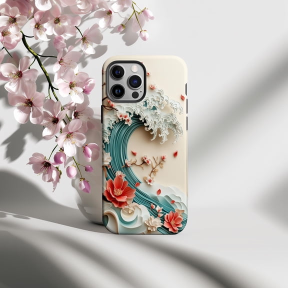 Japanese Sakura Blue Wave Phone Case Fits iPhone Samsung Galaxy Hard Shell Artistic Flower Ocean Design