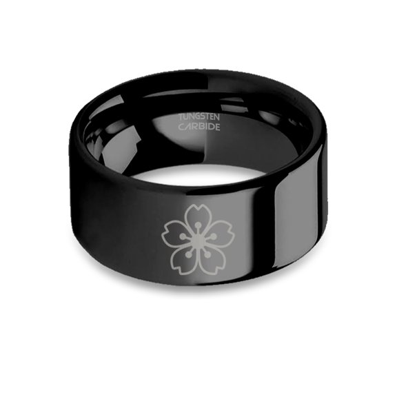 Japanese Sakura Cherry Blossom Laser Engraved Black Tungsten Ring, 10mm, Size 10.5