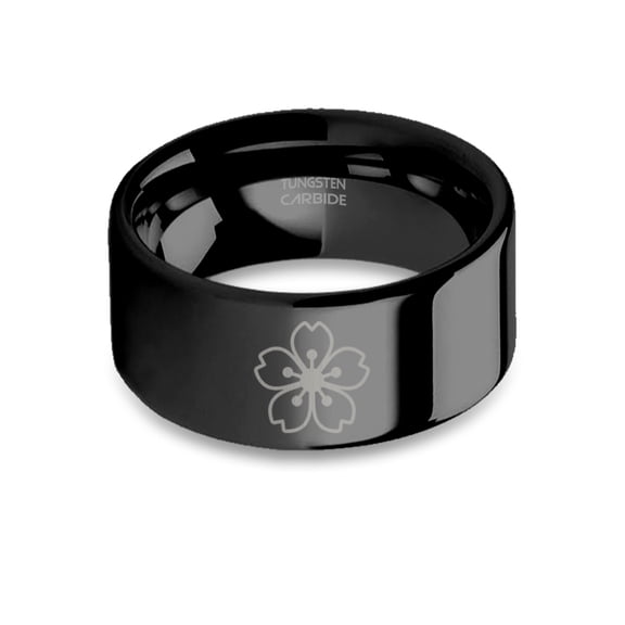 Japanese Sakura Cherry Blossom Laser Engraved Black Tungsten Ring, 10mm, Size 6