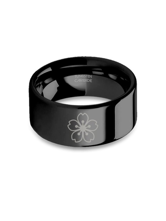 Japanese Sakura Cherry Blossom Laser Engraved Black Tungsten Ring, 10mm, Size 9
