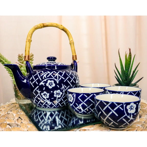 Japanese Sakura Cherry Blossoms Floral Blooms Large 25oz Tea Pot With 4 Cups Set