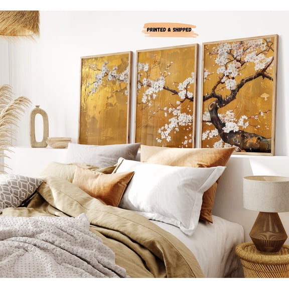 Japanese Sakura Floral Wall Art Gold Set 3 Unframed Paper Print 8x12