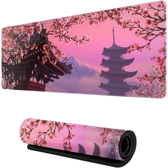Japanese Sakura Flower Gaming Mouse Pad XL, Extended Stitched Edges Mousepad,Large Mouse Mat Desk Pad, Long Non Slip Rubber Base Mice Pad(31.5 X 11.8 Inch)
