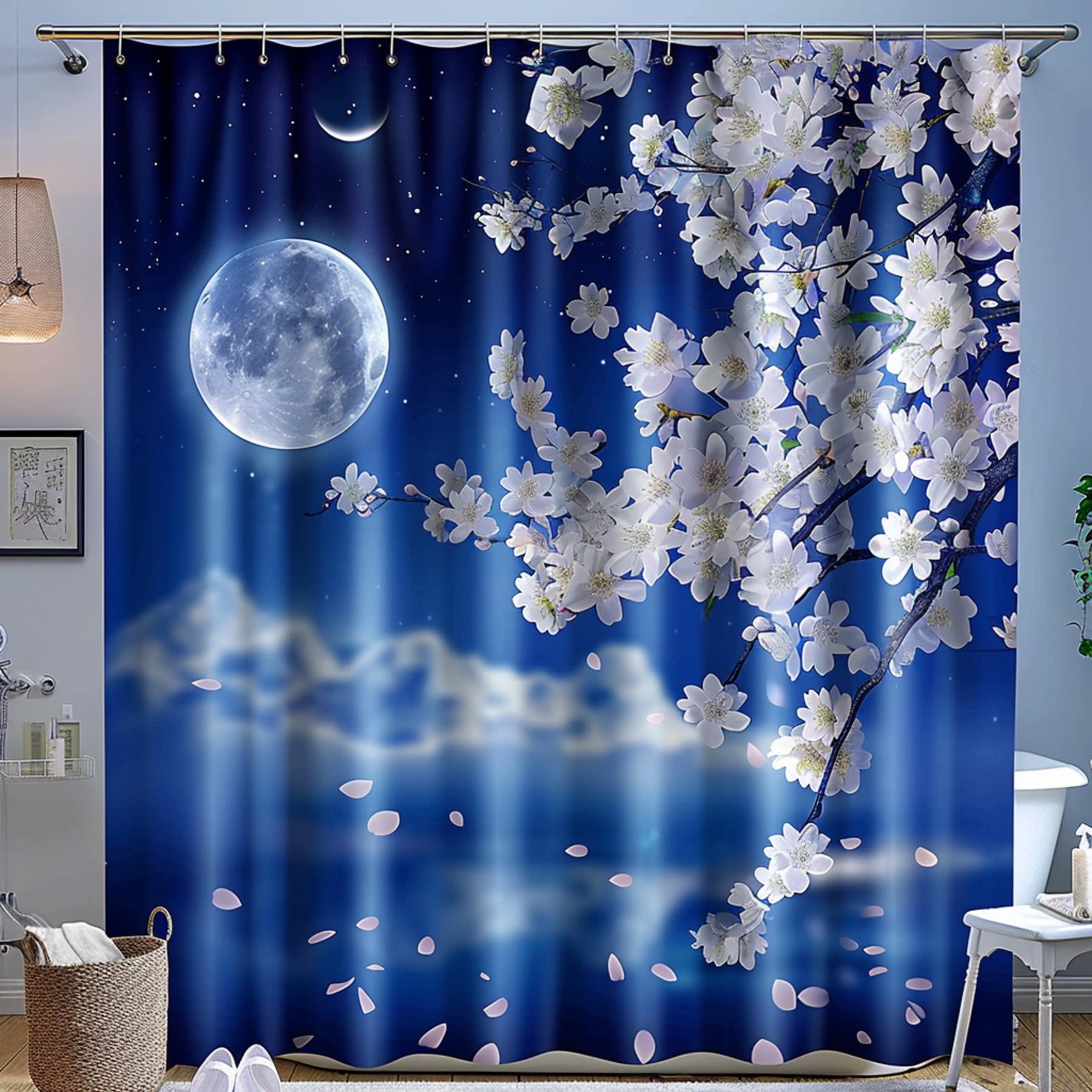 Japanese Sakura Moon Night Sky Blue Shower Curtain White Flowers
