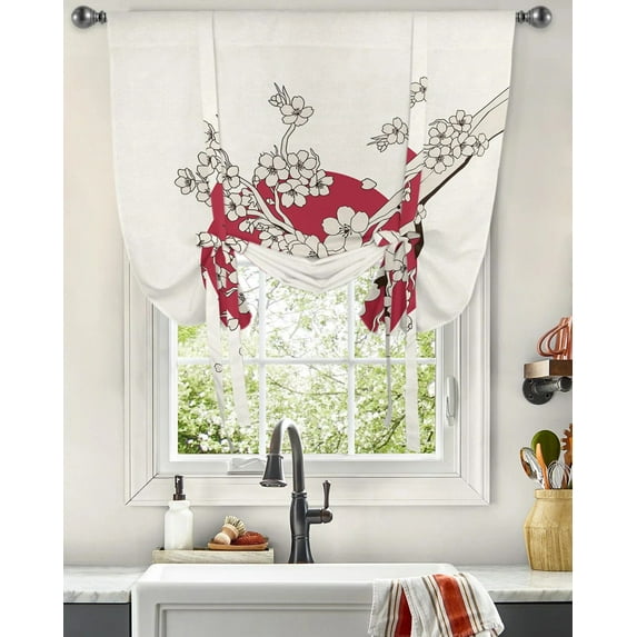 Japanese Sakura Sun Simple Retro Window Curtain for Living Room Bedroom Balcony Cafe Kitchen Tie-up Curtain