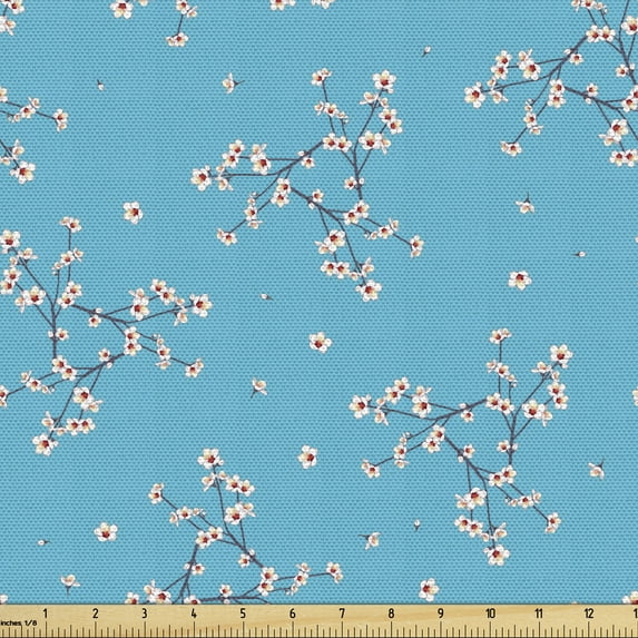 Ambesonne Japanese Branches Fabric by the Yard Upholstery, Twigs Blossoms, 10 Yards, Sky Blue and Champagne