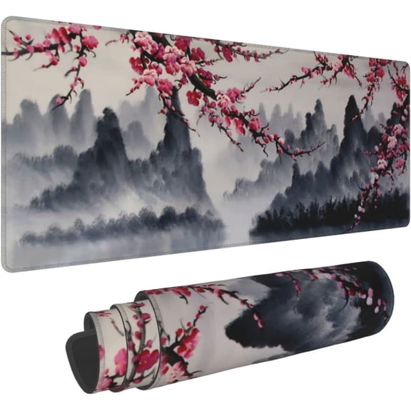 Japanese Sakura Watercolor Painting Extended Mouse Pad 31.5x11.8 Inch Cherry Blossom Flower Non-Slip Rubber Base Mousepad Stitched Edges Keyboard Mouse Mat with Stitched Edges for Gaming and Office