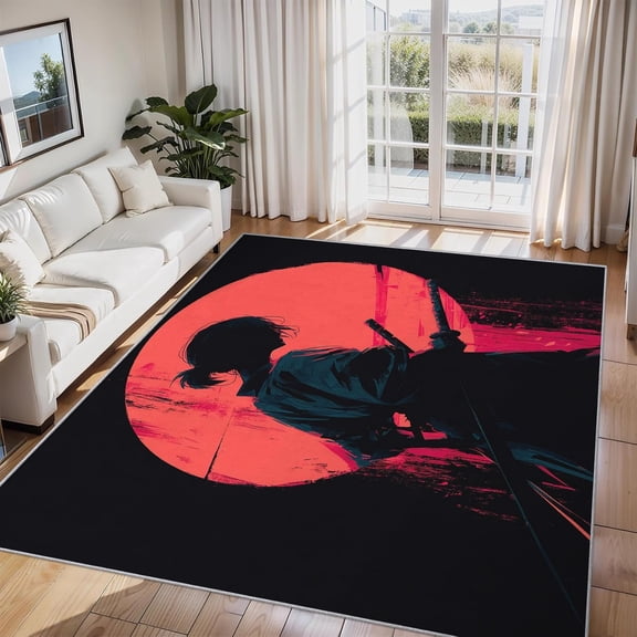 Japanese Samurai Area Rug Blood Moon Style Carpet Washable Non Slip Soft Living Room Bedroom Entrance Mat 5x8ft