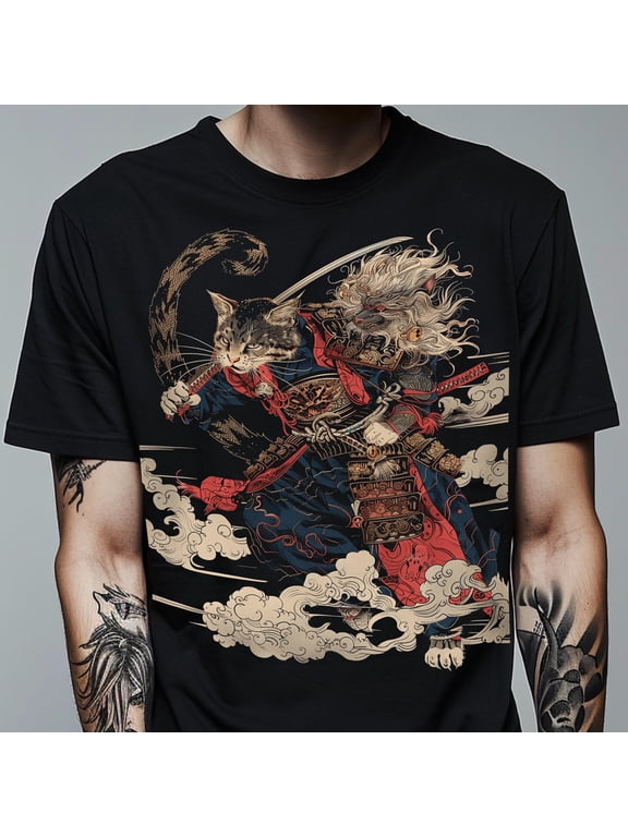 Japanese Samurai Cat Graphic Short‑Sleeve T‑Shirt, Traditional Ukiyo-e Irezumi Style Crew Neck Casual Art Tee for Men