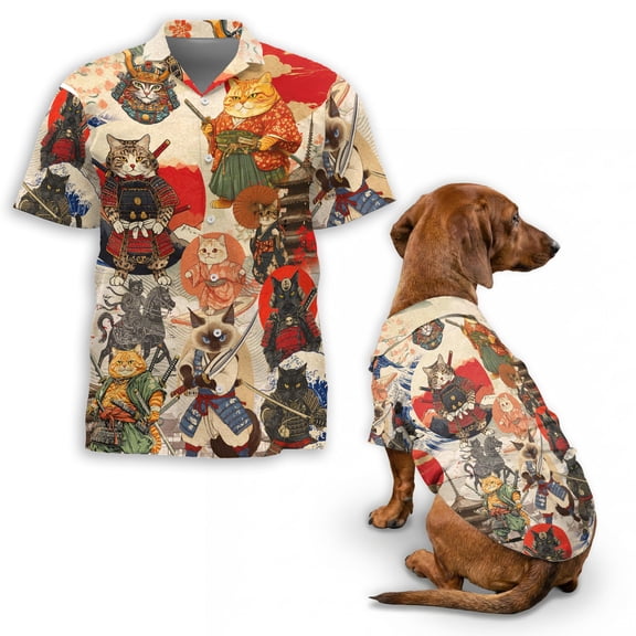 Japanese Samurai Cat Hawaiian Shirt, Button Down Shirt for Adults or Dogs, Cuban Collar, Short Sleeve Polyester Summer Shirt