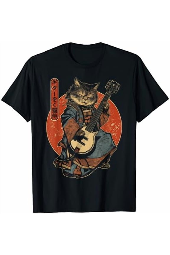 Japanese Samurai Cat Playing The Electric Guitar T-Shirt