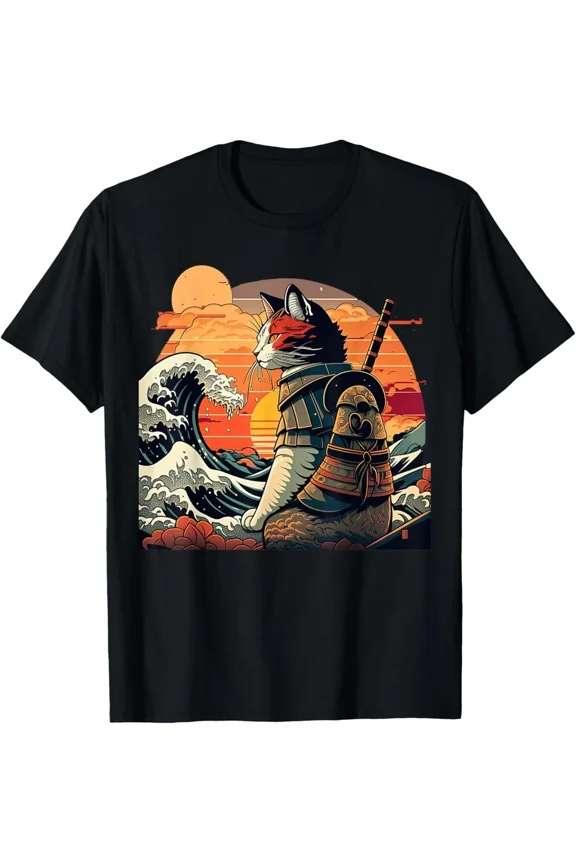 Japanese Samurai Cat The Great Wave Kanagawa Art Top Unisex T-Shirt, up to Size 5XL