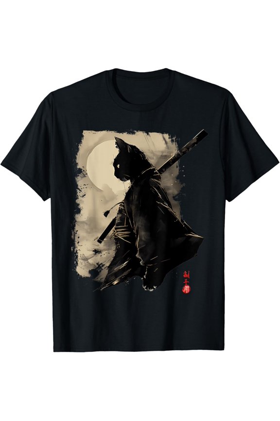 Japanese Samurai Cat Vintage Graphic Cat Art T-Shirt
