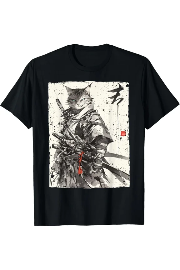 Japanese Samurai Cat Warrior Ukiyo-e Ink Art Graphic Top Unisex T-Shirt, up to Size 5XL