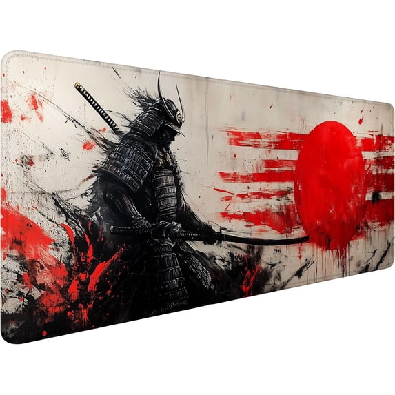 Japanese Samurai Desk Mat Anime Graffiti Large Gaming Mouse Mat with Stitched Edges,Non-Slip Waterproof Rubber Base Mous Mat 31.5"x11.8" Office Computer Keyboard Laptop Home