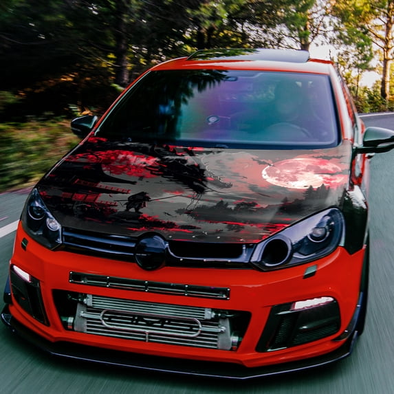 Japanese Samurai & Dragon Night Battle Car Hood Wrap - Red/Black/Gray/White/Blue/, Two-Piece PVC Vinyl Sticker for Fit, Scratch-Resistant Engine, Easy Application - Compatible with Cars, Trucks, SUVs