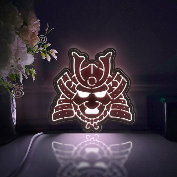 Japanese Samurai Helmet Led Light Box, Dimmable Neon-Like Light Signs USB Power for Wall Decor Bedroom Decoration, Static Light (WxH) 16"x15"