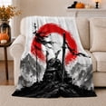 thumbnail image 1 of Japanese Samurai Ink Wash Silhouette, Peaceful Mountain Lake Scene, Warm Flannel Blanket for Cabin and Lodge, Outdoor Lovers Friendship Gift, Artistic Home Decor, 1 of 9