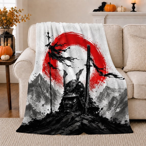 Japanese Samurai Ink Wash Silhouette, Peaceful Mountain Lake Scene, Warm Flannel Blanket for Cabin and Lodge, Outdoor Lovers Friendship Gift, Artistic Home Decor