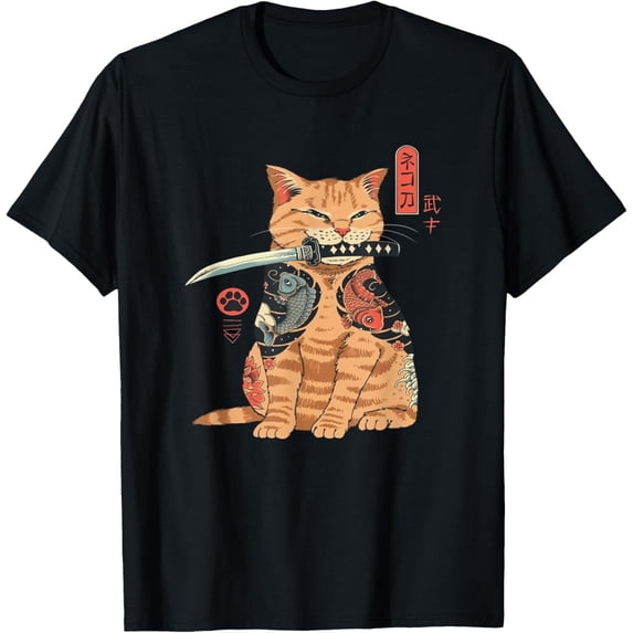 Japanese Samurai Ninja Cat Kawaii Tattoo Graphic T-Shirt
