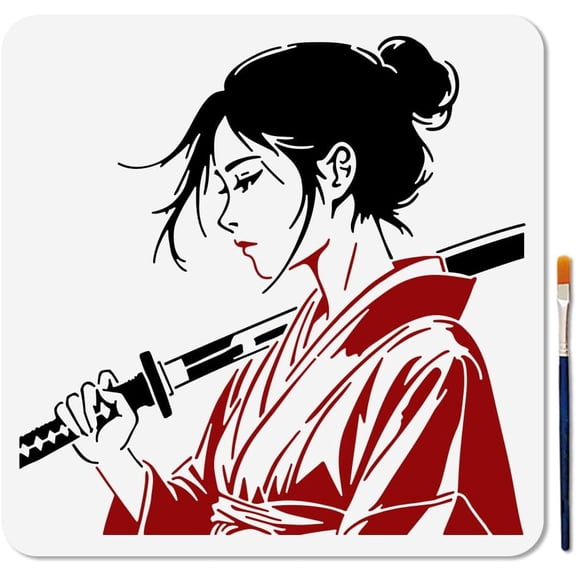 Japanese Samurai Pattern Stencil Set Geisha Swordsman Painting Stencils 11.8inch Reusable Human Theme Drawing Template with Paint Brush for DIY Scrapbook Photo Album