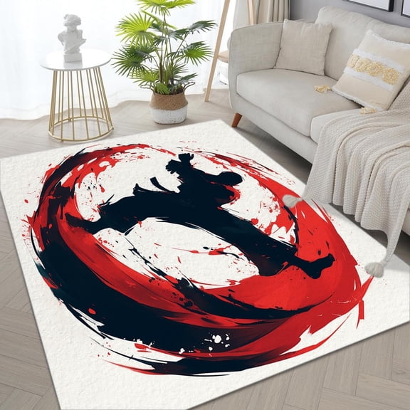 Japanese Samurai Runner Rugs, White Japanese Samurai Carpet, Washable Non Slip Low Pile Soft Rug for Hallway Kitchen Bathroom Decor Mat 3x5ft