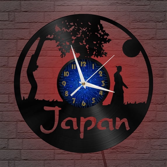 Japanese Samurai Scene 12 Inch Vinyl Record Wall Clock - Silent, Creative, and Unique Clock for Living Room, Entryway, or Bedroom Decor - Perfect Gift Idea(12 inchs B with LED)