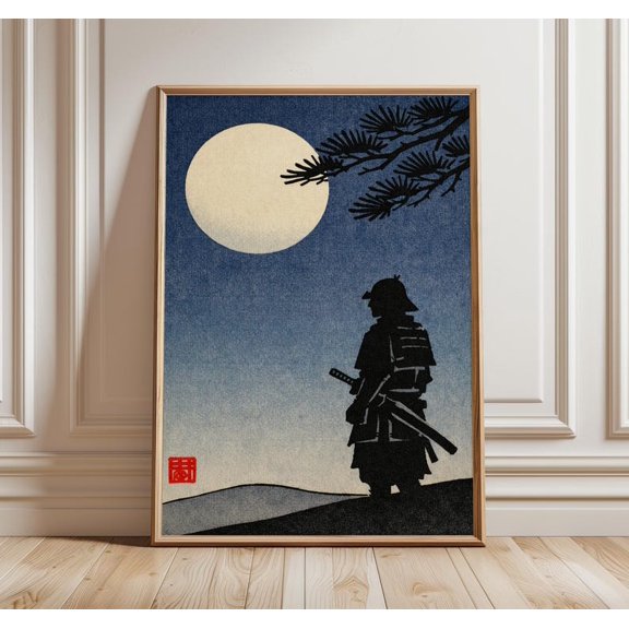 Japanese Samurai Wall Art Print, Ukiyo-e Style Moon Poster, Zen Japandi Decor, 8x12 Inches, UNFRAMED