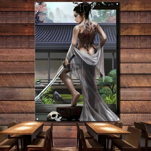 Japanese Samurai Warrior Artwork Funny Wall Art Decor Banner 38" x 57" Bushido Ukiyoe Tattoo Poster Wall Hanging Flag Vintage Canvas Painting A1