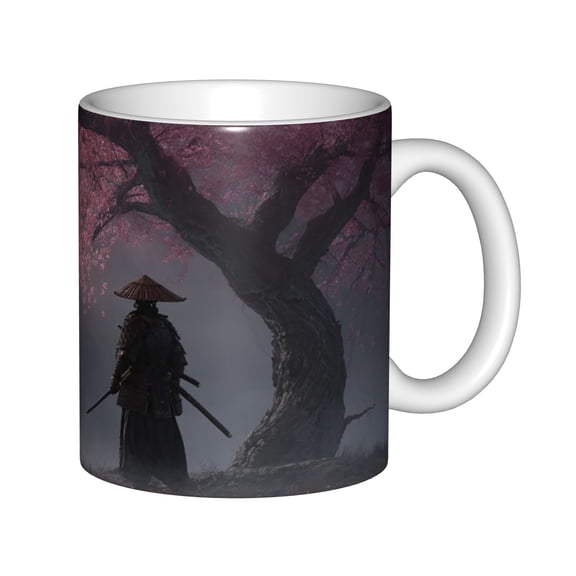 Japanese Samurai Warrior Cherry Blossom Sakura Tree 11oz White Ceramic Coffee Mug, Asian Art Gift for Men