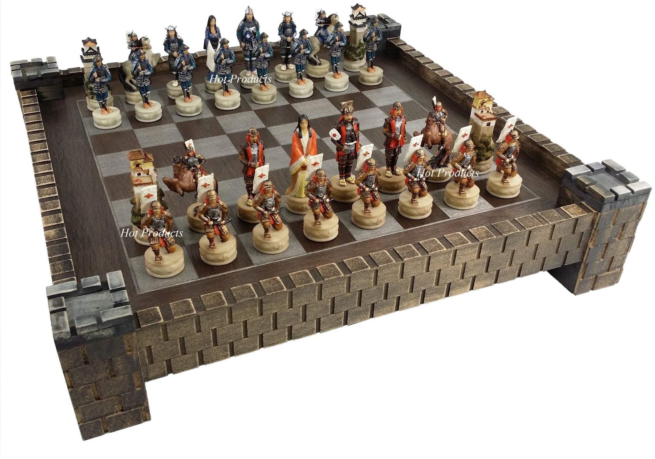 Hand-Painted Samurai Warrior Chess Set with Fortress Board