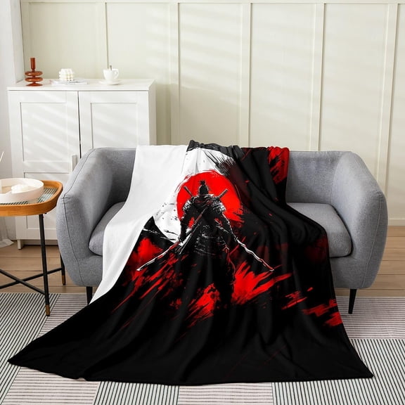 Japanese Samurai Warrior Throw Blanket with Red Sun Ink Art Black and White Design for Couch and Bed
