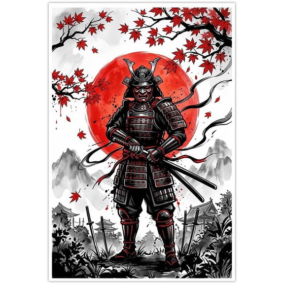 Japanese Samurai Warrior Wall Art Red Sun Maple Leaves Modern Poster Decor