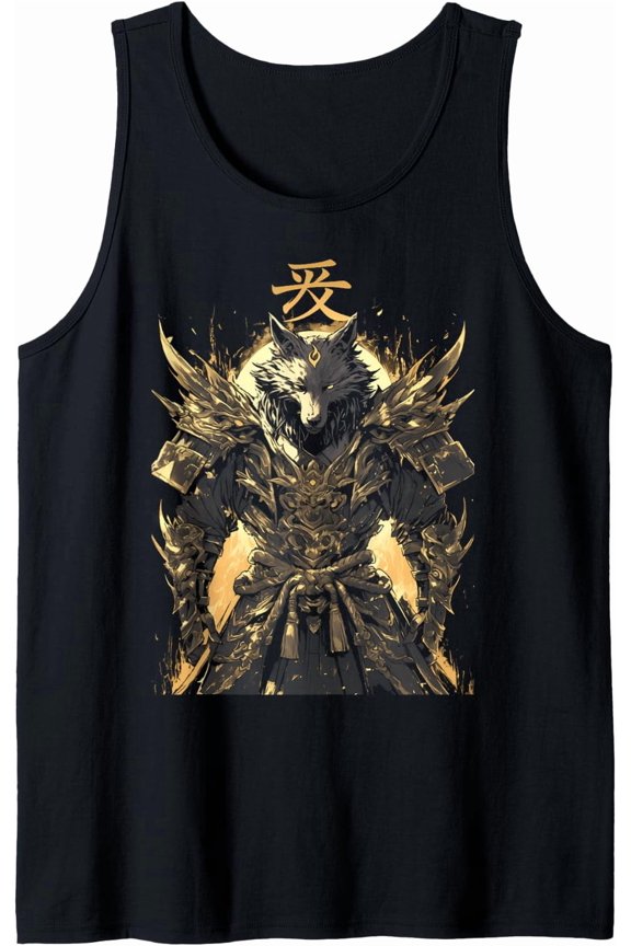 Japanese Samurai Wolf Kanji Samurai Warrior Wolf Tank Top Size S-3XL