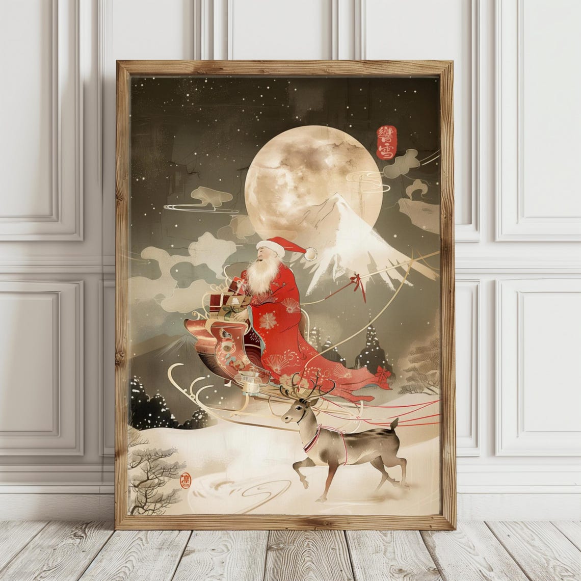 Japan Vector Set Santa Japanese Santa Claus Winter Print, Mount Fuji, Full Moon UNFRAMED ...