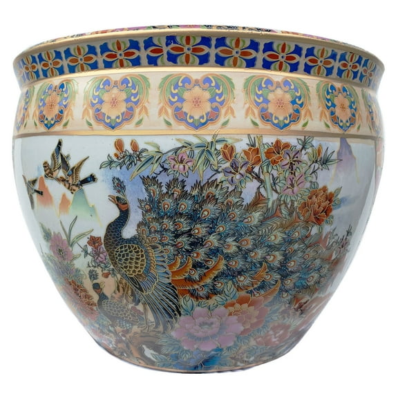 Japanese Satsuma Peacock Planter (12" W x 9 " H , Base 7.875) - Oriental Furniture Warehouse