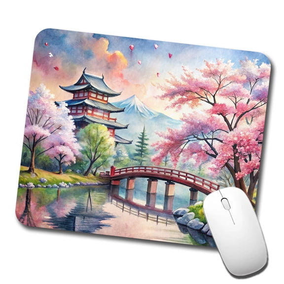 Japanese Scene With Bridge And Cherry Blossom Trees Watercolor Mouse Pad Low Profile Gaming Mat