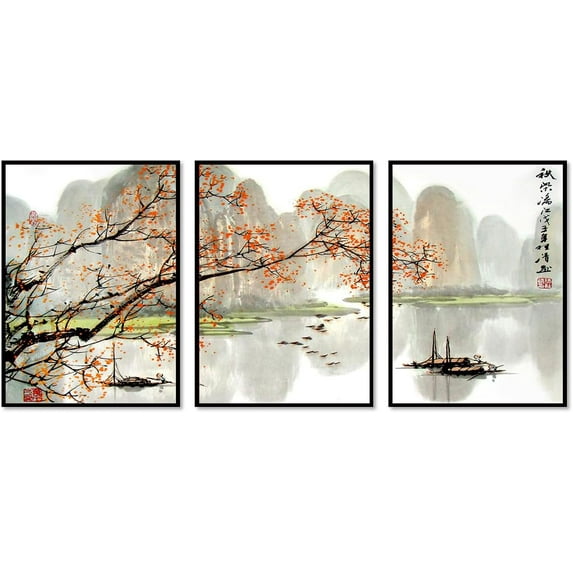 Japanese Scenery Art Floral Print Ink Painting Boat Bird Canvas Posters Asian Decor Japanese Wall Art for Living Room Bedroom Decoration