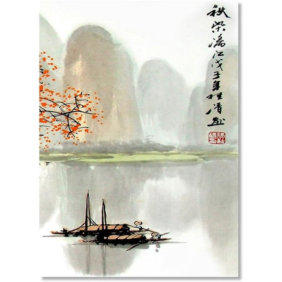 Japanese Scenery Art Floral Print Ink Painting Boat Bird Canvas Posters Asian Decor Japanese Wall Art for Living Room Bedroom Decoration