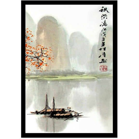 Japanese Scenery Art Floral Print Ink Painting Boat Bird Canvas Posters Asian Decor Japanese Wall Art for Living Room Bedroom Decoration